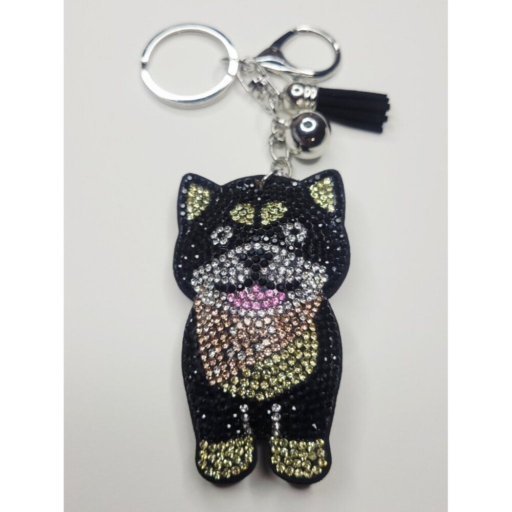 NWT Large Sparkly Puffy Black And Tan Husky Dog Keychain, Bag Charm With Tassel